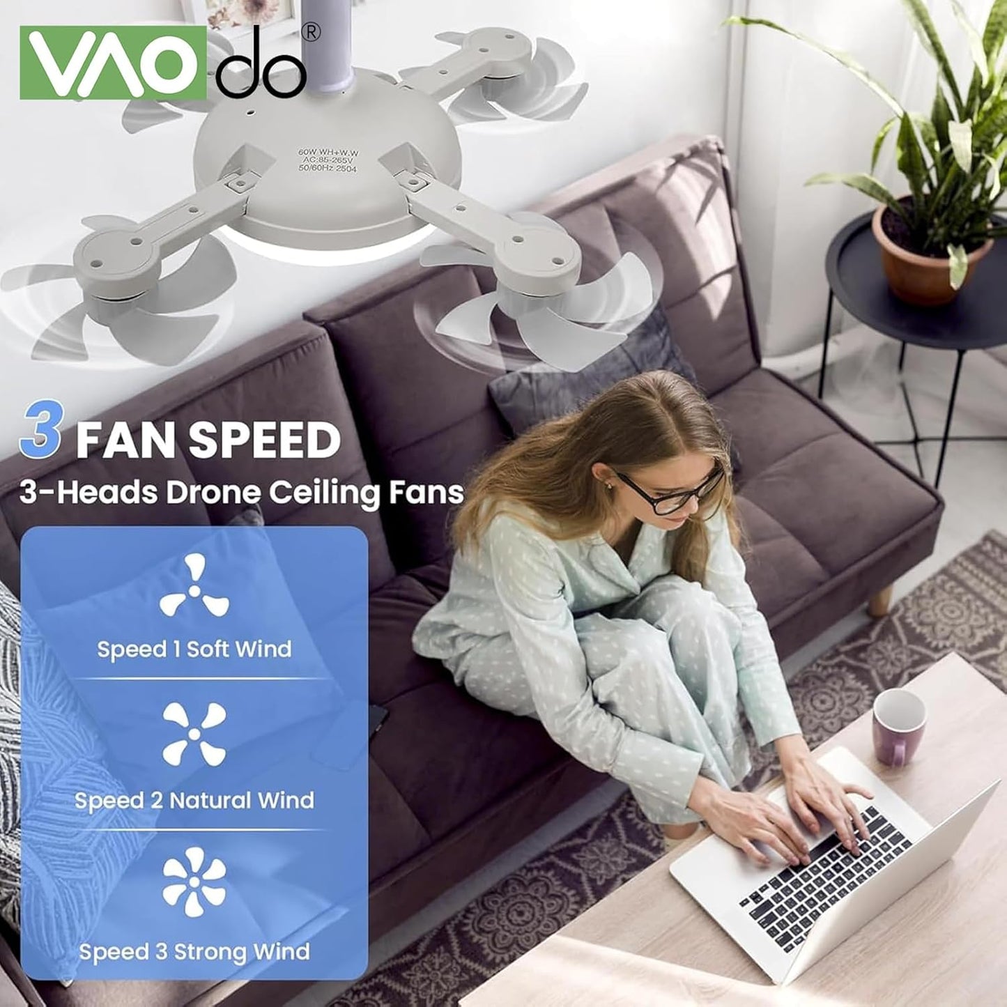 4 Head Drone Fan Lights, E27 Screw in Ceiling Fans, Folding Ceiling Fans with Lights, Light Bulb Fans with Remote, 3 Colors, 3 Speeds, for Bedroom, Living Room, Kitchen, Garage, Gazebo, Small